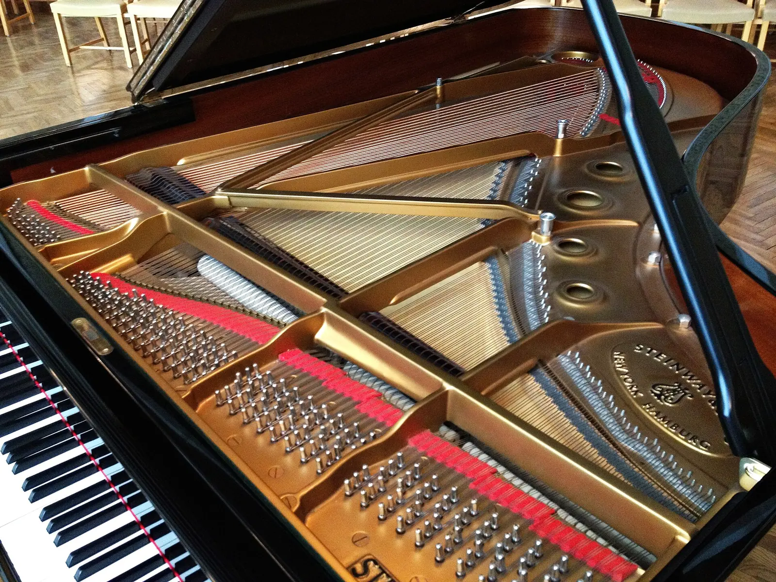 Inside a Steinway grand: cast iron plate, strings, dampers and soundboard